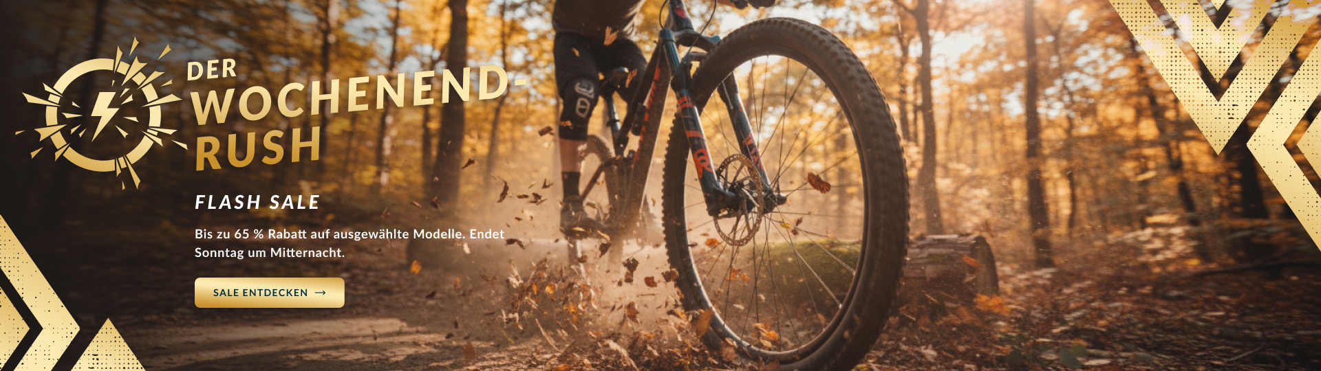 Banner mit einem Mountainbikefahrer und dem Hinweis das es einen Flash Sale mit bis zu 65 Prozent Rabatt