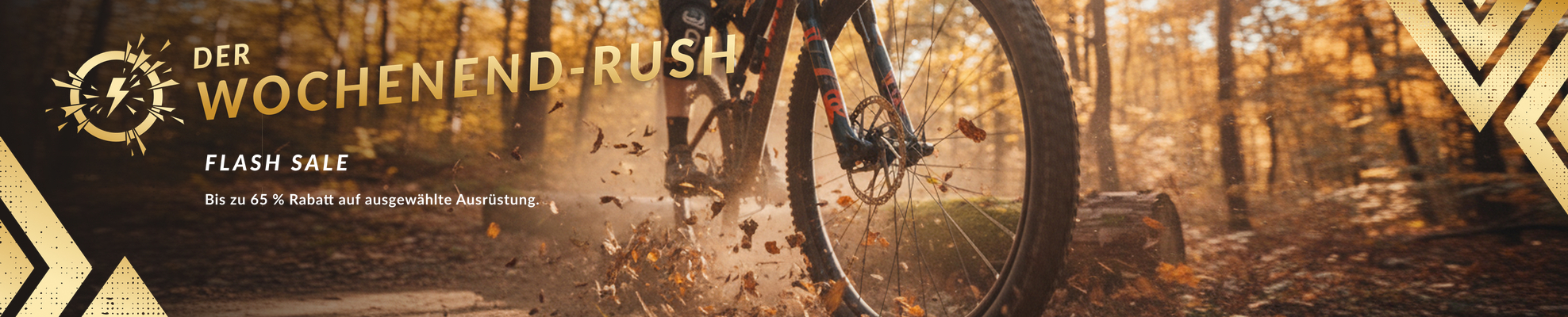 Banner mit einem Mountainbikefahrer und dem Hinweis das es einen Flash Sale mit bis zu 65 Prozent Rabatt 