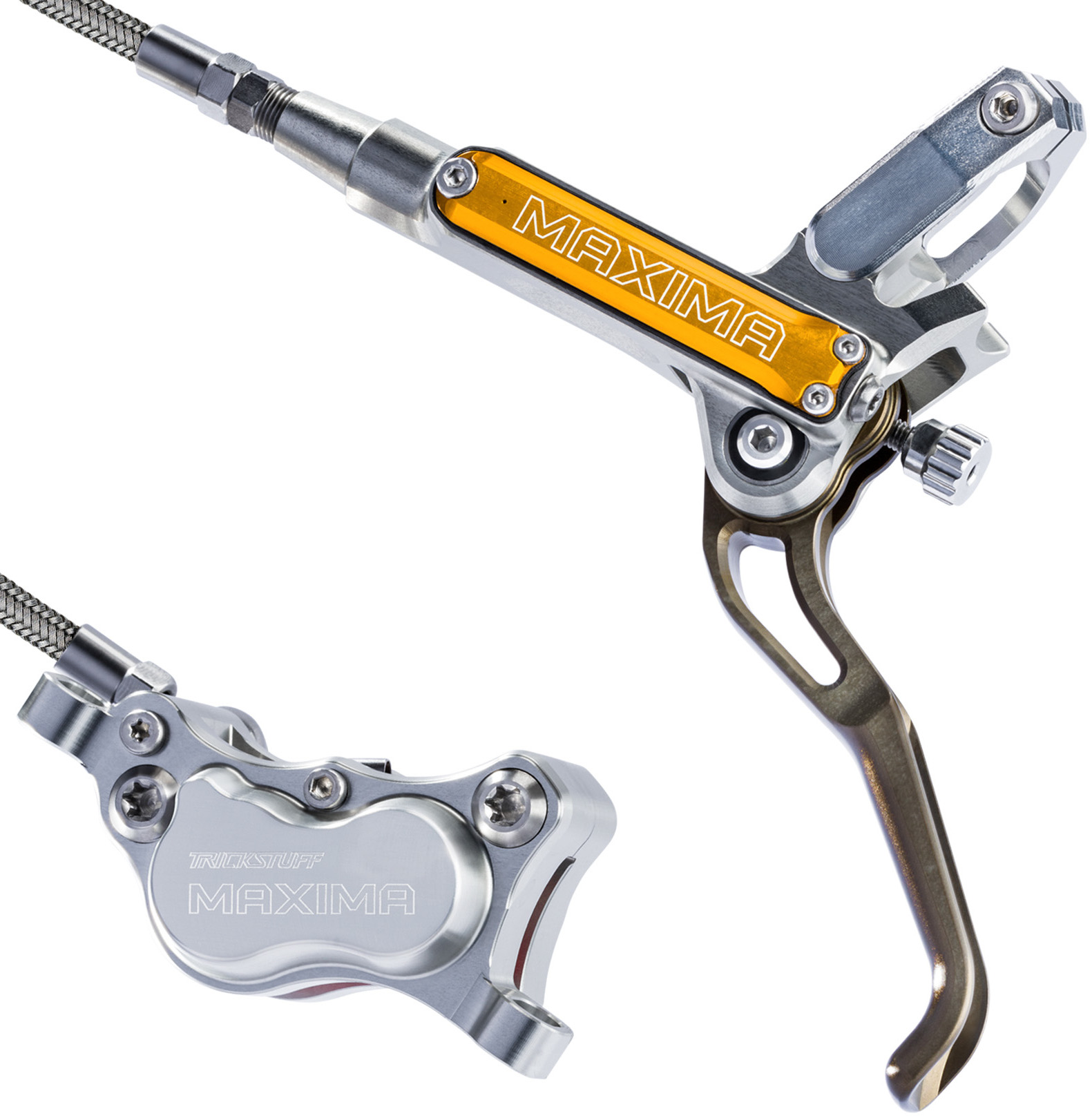 Maxima Scheibenbremse Set VR+HR Silber-Orange | Bremsgriff links - VR, Bremsgriff rechts - HR | Goodridge blank